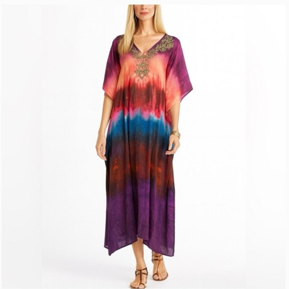 Soft Surroundings Kaftan Maxi Dress S/M Beaded Cover Up Resort Boho Jewel Tone